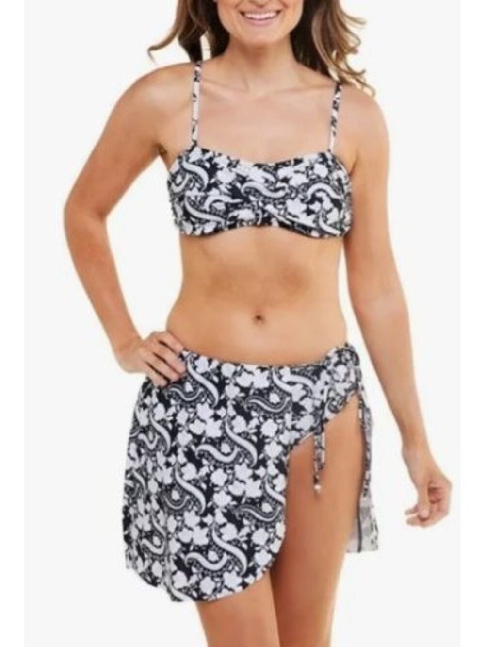 Tahari Three Piece Swim Set Size Medium Stamp Black White Bikini NWT $48